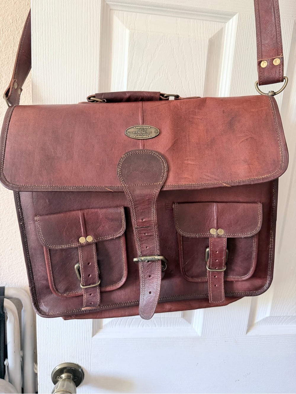 Vintage-Style Brown Leather Laptop Satchel